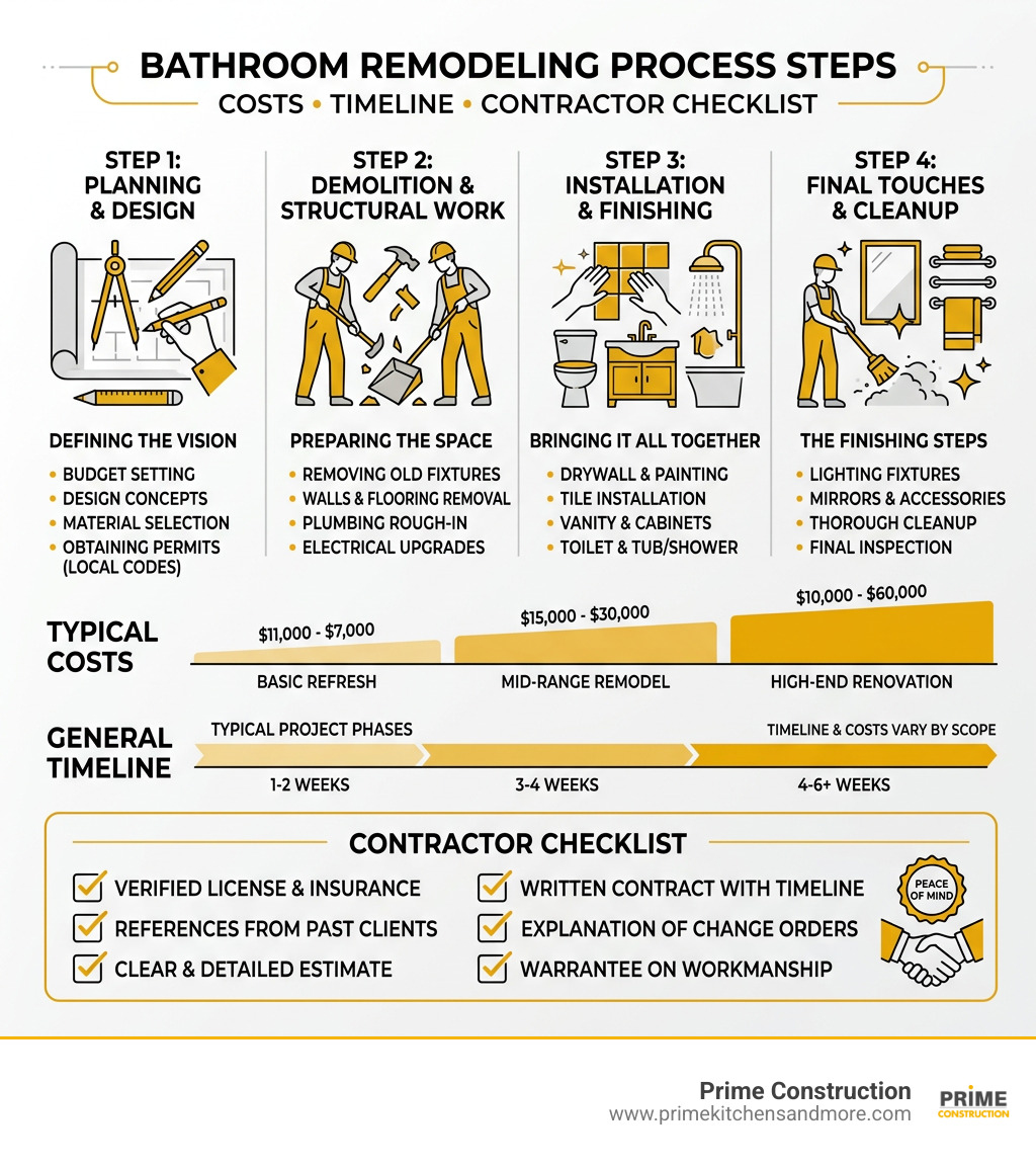 Bathroom remodeling process steps infographic with costs, timeline, and contractor checklist - bathroom contractors
