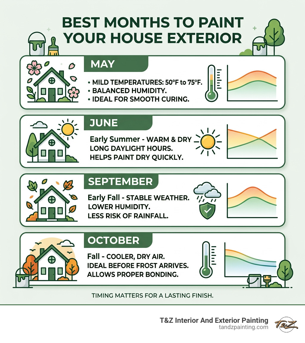 Infographic showing best months to paint house exterior with temperature, humidity, and seasonal conditions - best month to