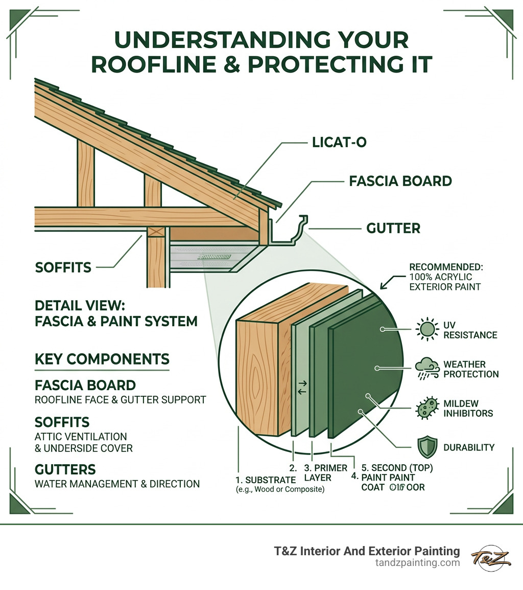 Infographic showing anatomy of a roofline with fascia, soffits, gutters, and paint system layers - best paint for fascia