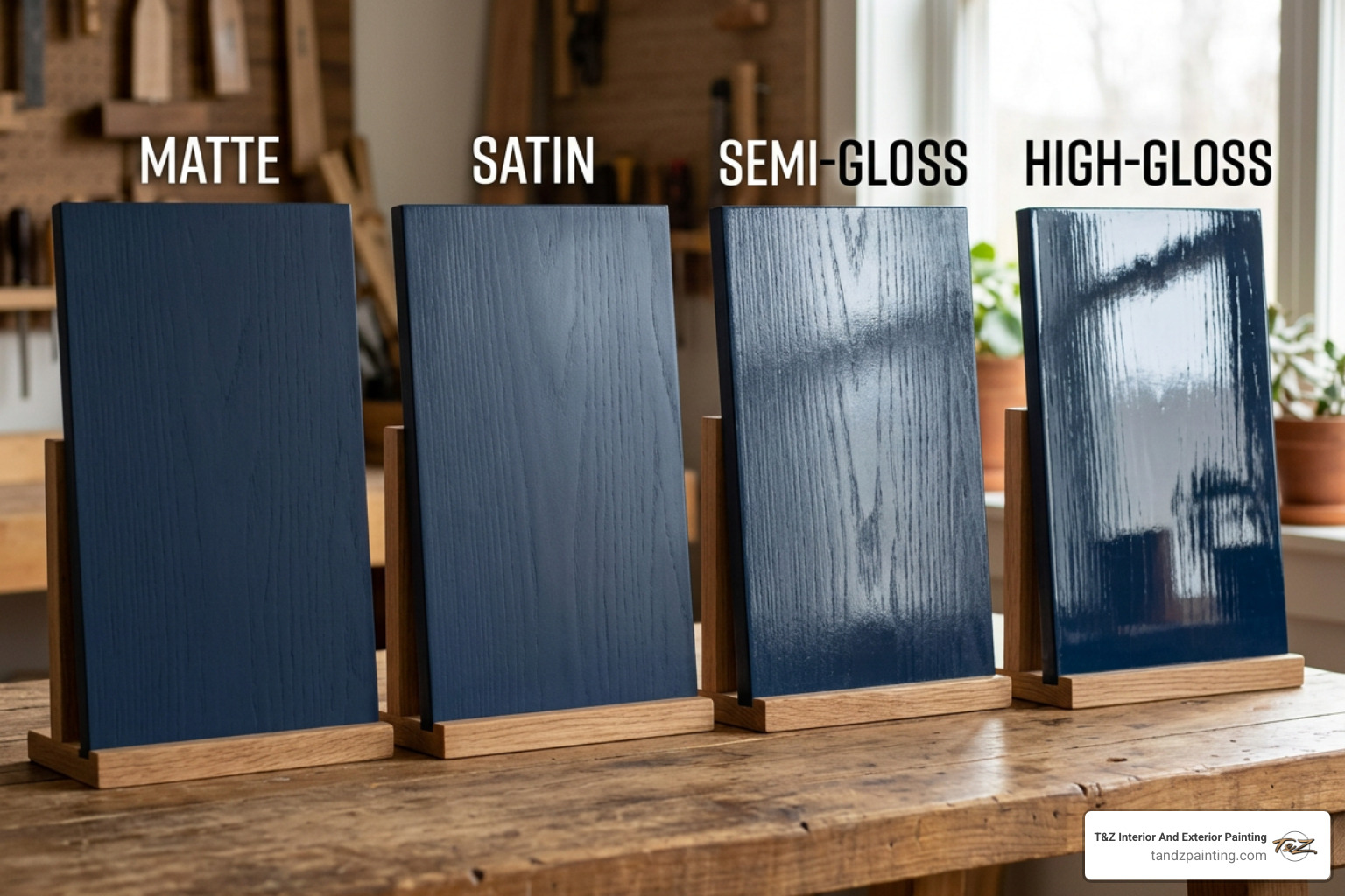 side by side comparison of different paint sheens on wood panels - is semi gloss good for kitchen cabinets