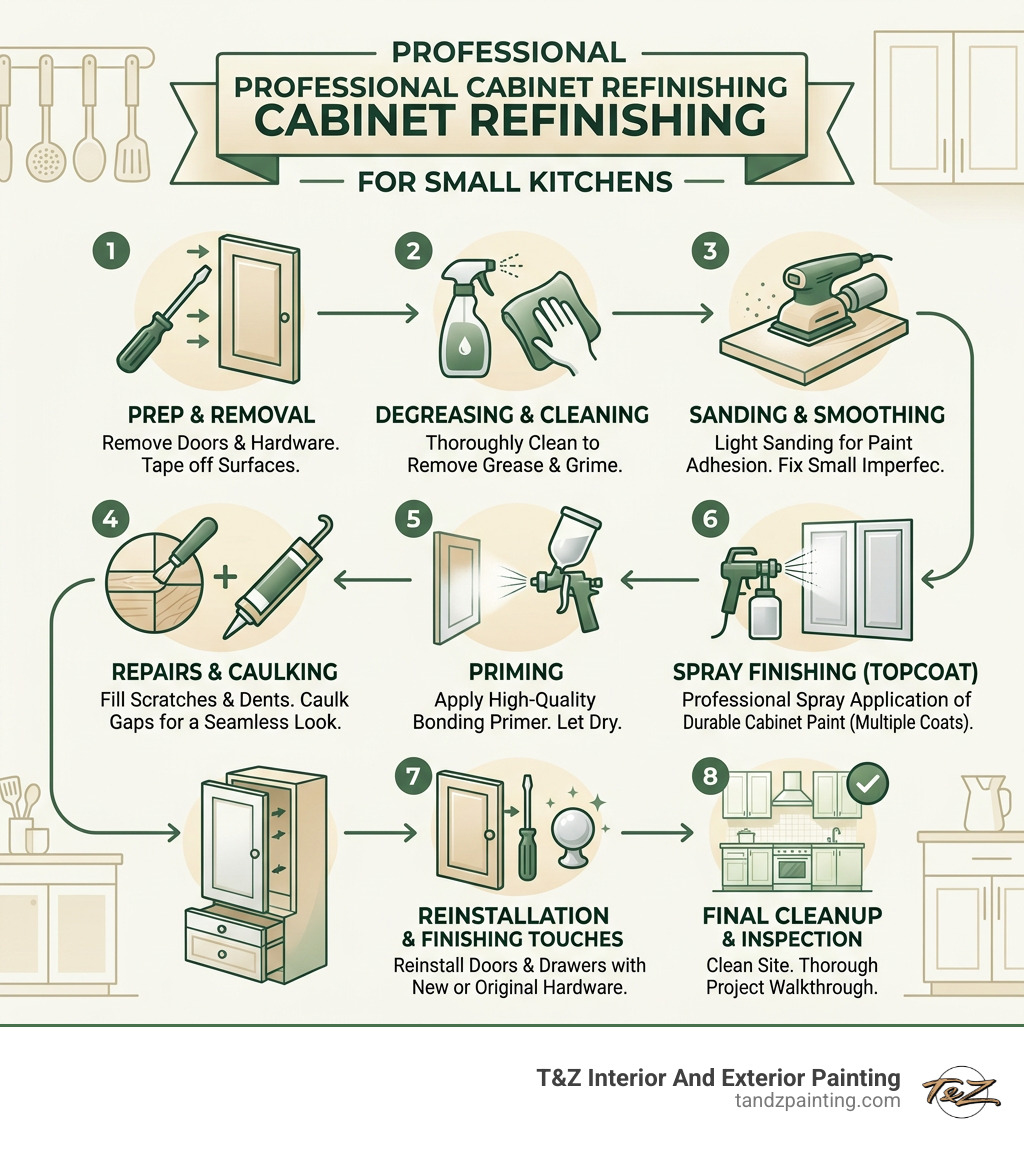 Professional cabinet refinishing workflow infographic for small kitchens - cabinet painting small kitchen infographic 