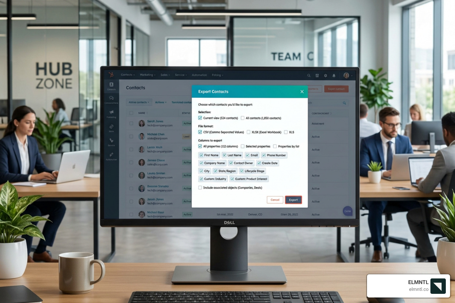 HubSpot contact export screen showing CSV selection - hubspot to mailchimp