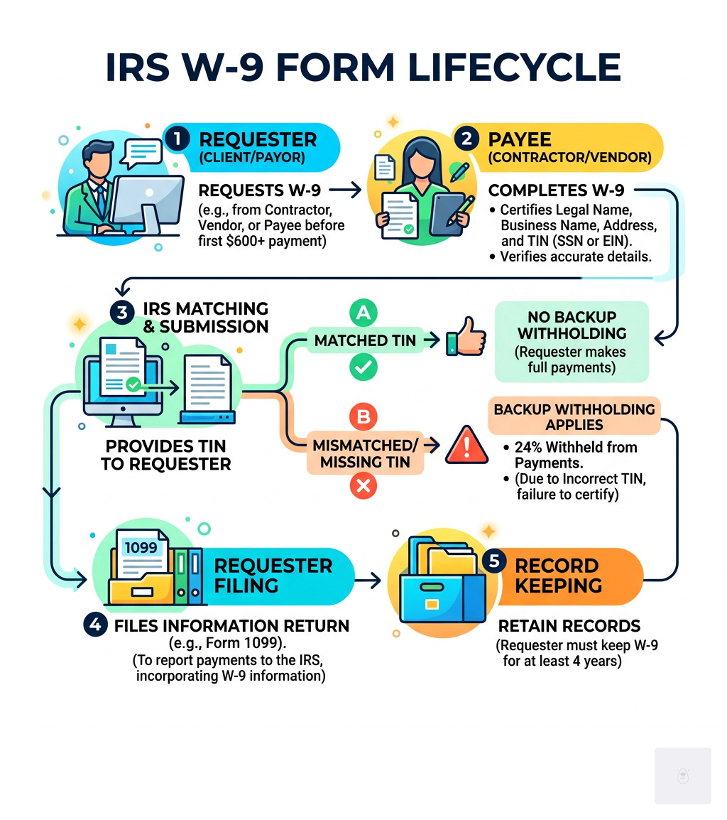 IRS W-9 lifecycle infographic from requester to IRS filing and backup withholding - irs w 9 rules infographic 