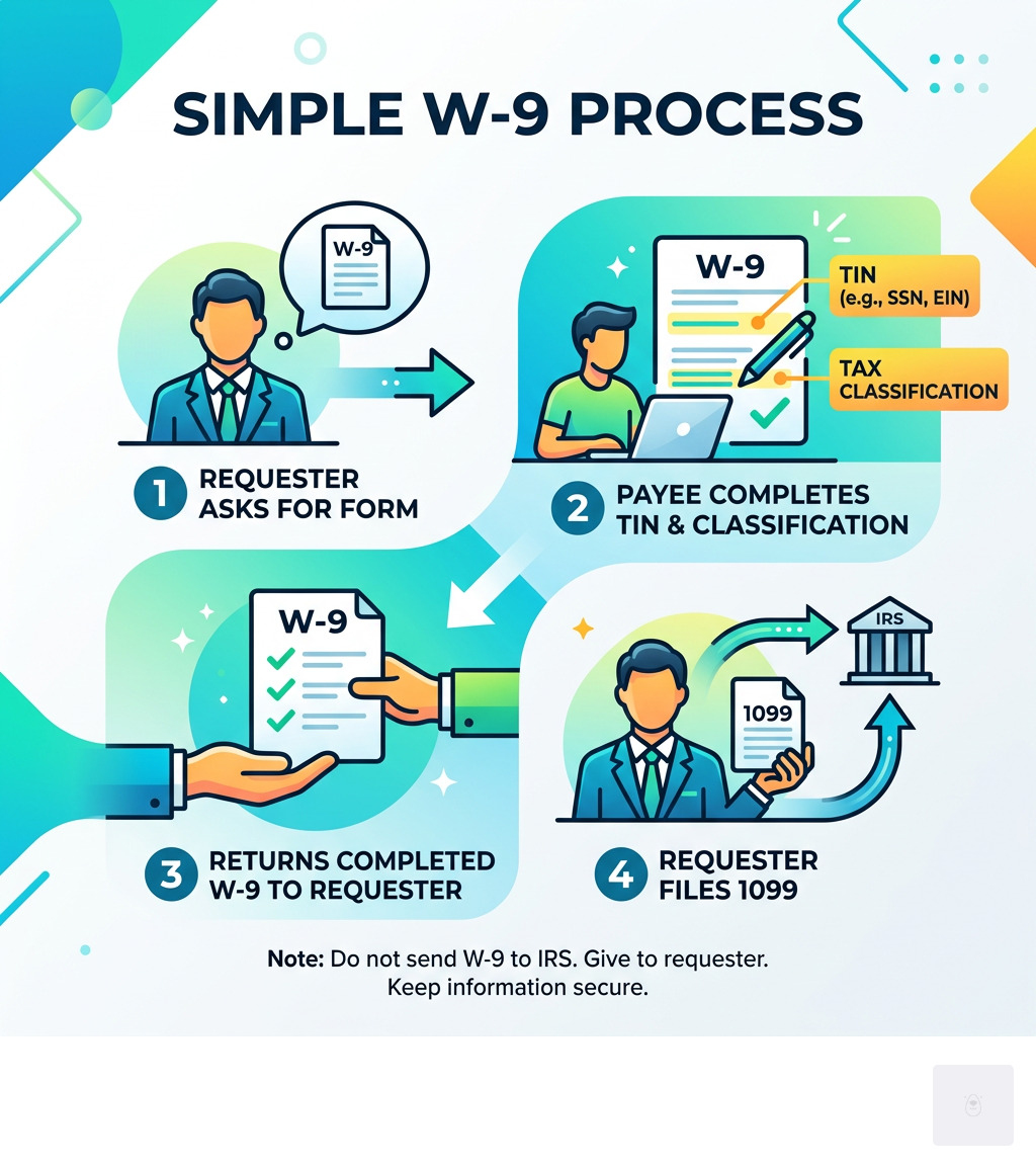 Infographic showing W-9 process: requester asks for form, payee completes TIN and classification, returns to requester