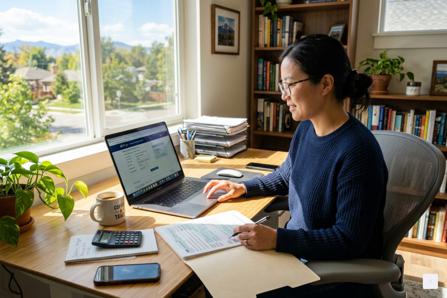 Person paying taxes on a laptop in a bright home office - 1040 estimated tax payment online