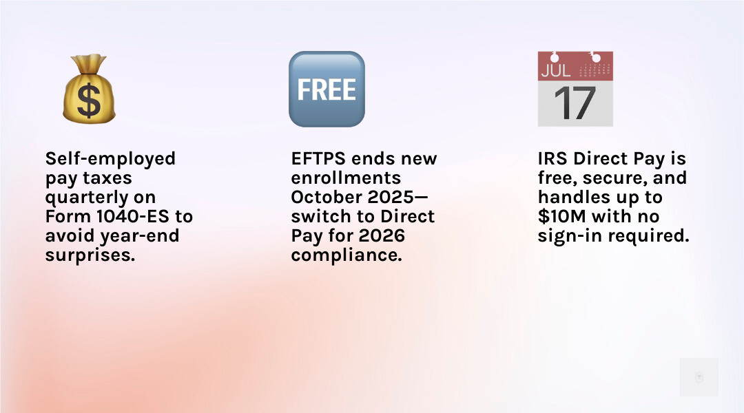 Quarterly estimated tax cycle infographic showing four due dates, payment methods, and safe harbor rules - 1040 estimated
