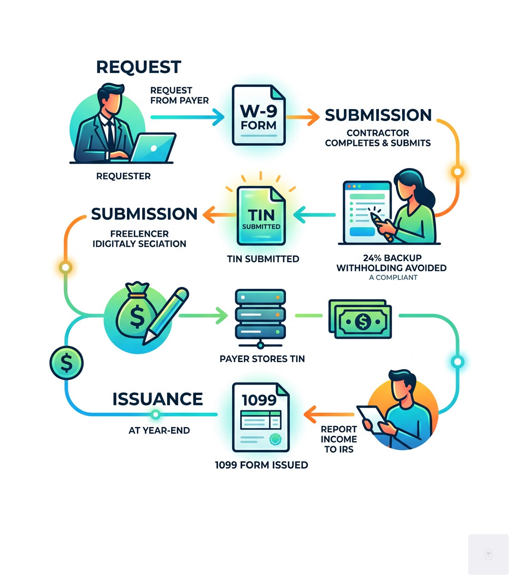 W-9 form lifecycle infographic from requester request to TIN submission to 1099 issuance - w9 form 2021 pdf download