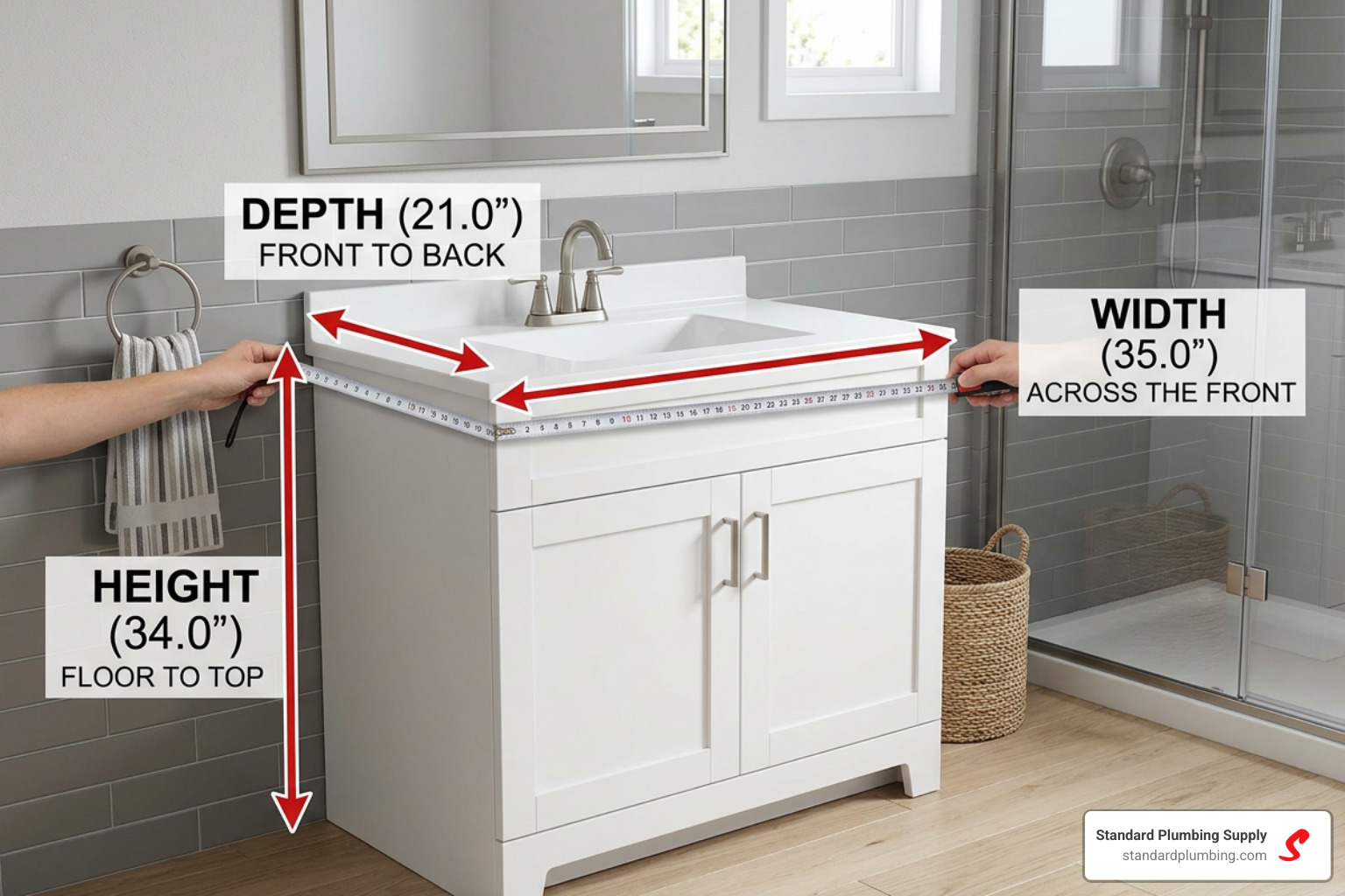 Diagram showing how to measure a 35 inch vanity for width, depth, and height - 35 inch vanity