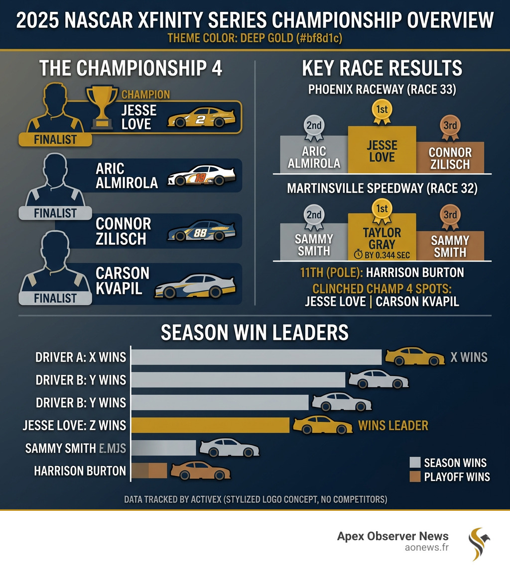 2025 NASCAR Xfinity Series Playoff Championship 4 drivers, results, and season win leaders infographic - xfinity race 2025 NASCAR Xfinity Series Playoff Championship 4 drivers, results, and season win leaders infographic - xfinity race