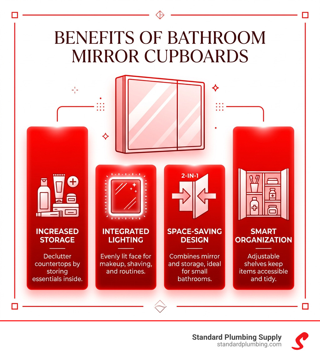 Benefits of bathroom mirror cupboards including storage, lighting, space-saving, and organization - bathroom mirror cupboard