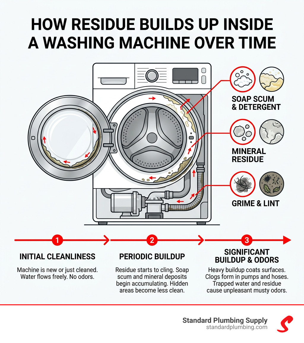 Infographic showing how soap scum, detergent, and mineral residue build up inside a washing machine over time - affresh