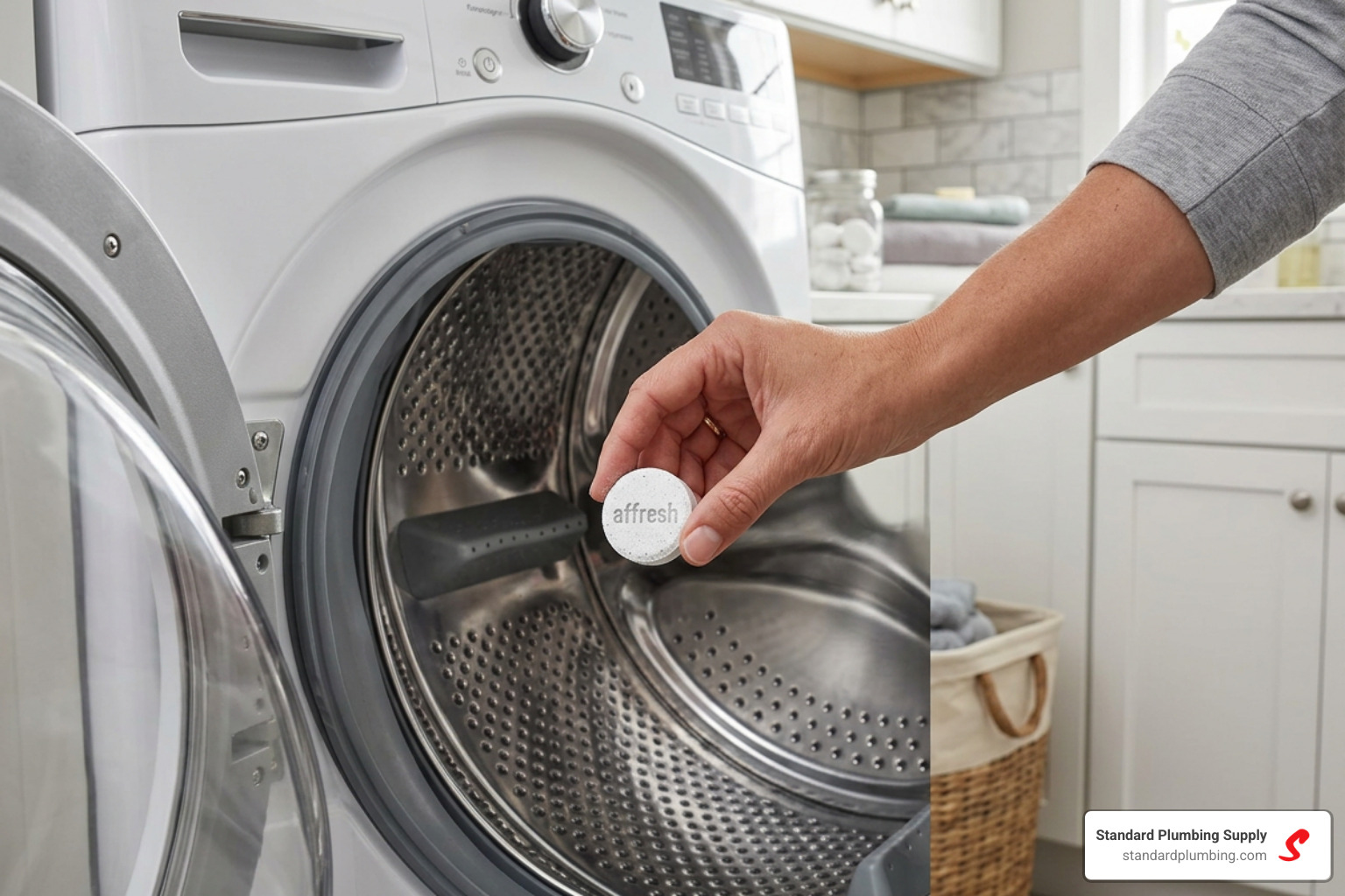 Placing an affresh tablet directly into the empty washing machine drum - affresh washer cleaner