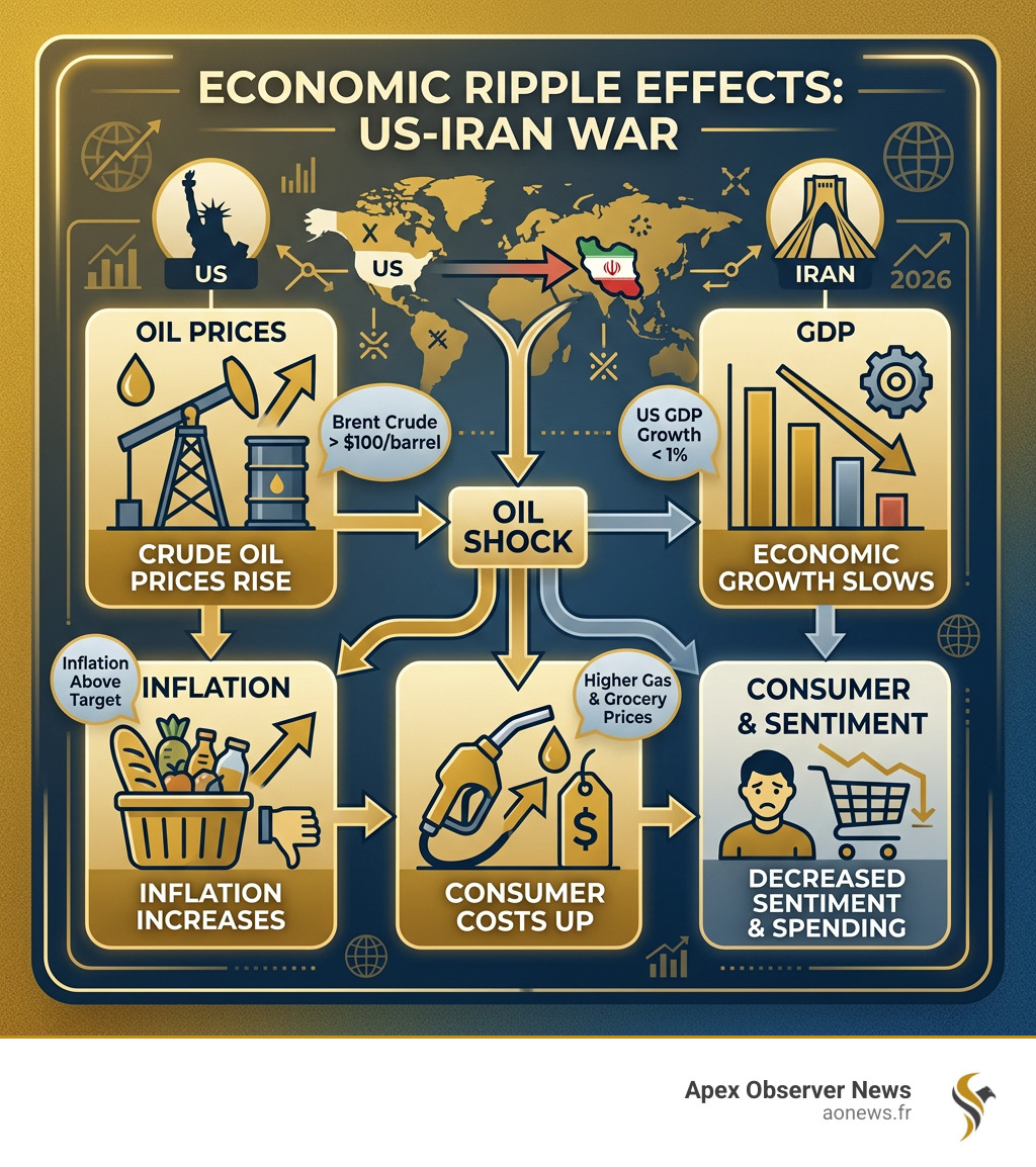 Infographic showing US-Iran war economic ripple effects on oil prices, GDP, inflation, and consumer costs - economic news Infographic showing US-Iran war economic ripple effects on oil prices, GDP, inflation, and consumer costs - economic news