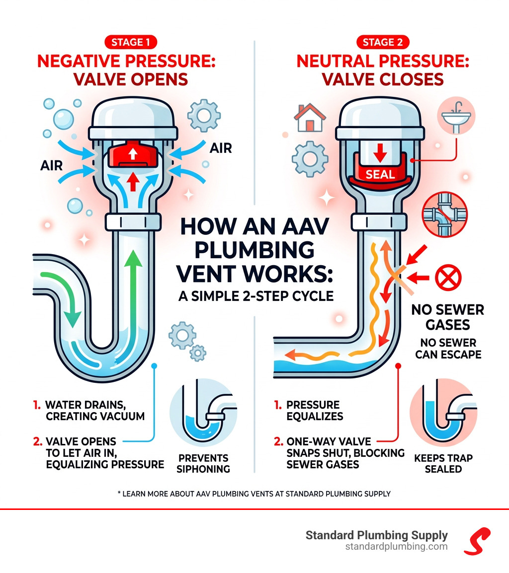 How an AAV plumbing vent works: one-way valve opens under negative pressure, closes to block sewer gas - aav plumbing vent How an AAV plumbing vent works: one-way valve opens under negative pressure, closes to block sewer gas - aav plumbing vent