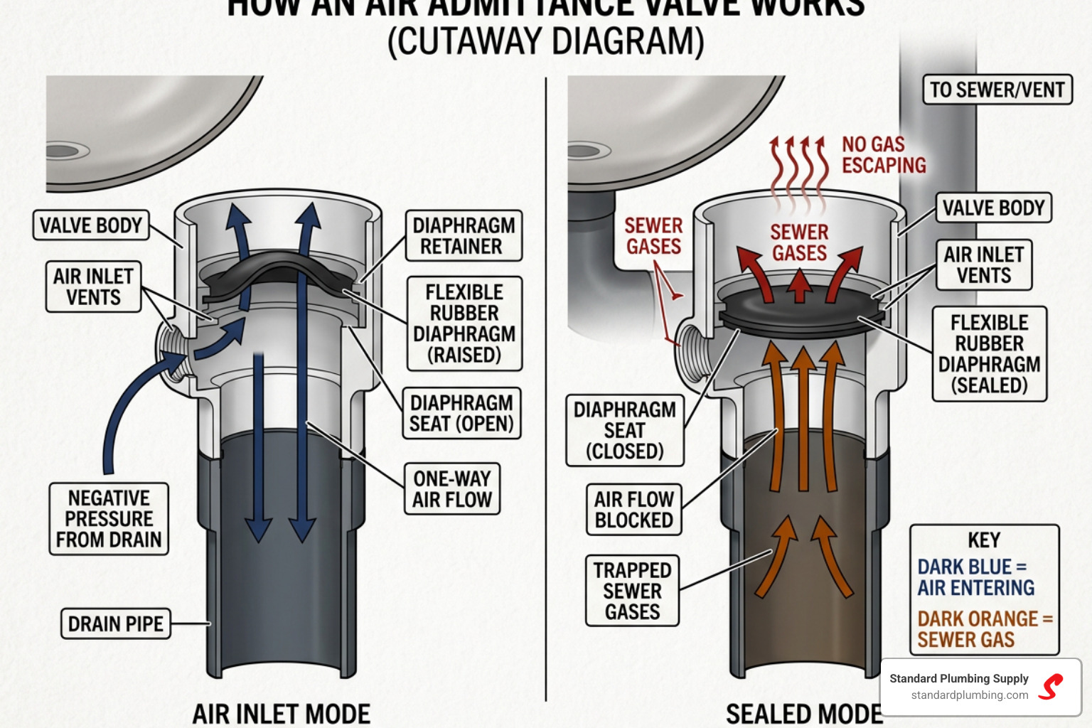 Diagram of an air admittance valve internal diaphragm showing the one-way air flow path - aav plumbing vent Diagram of an air admittance valve internal diaphragm showing the one-way air flow path - aav plumbing vent