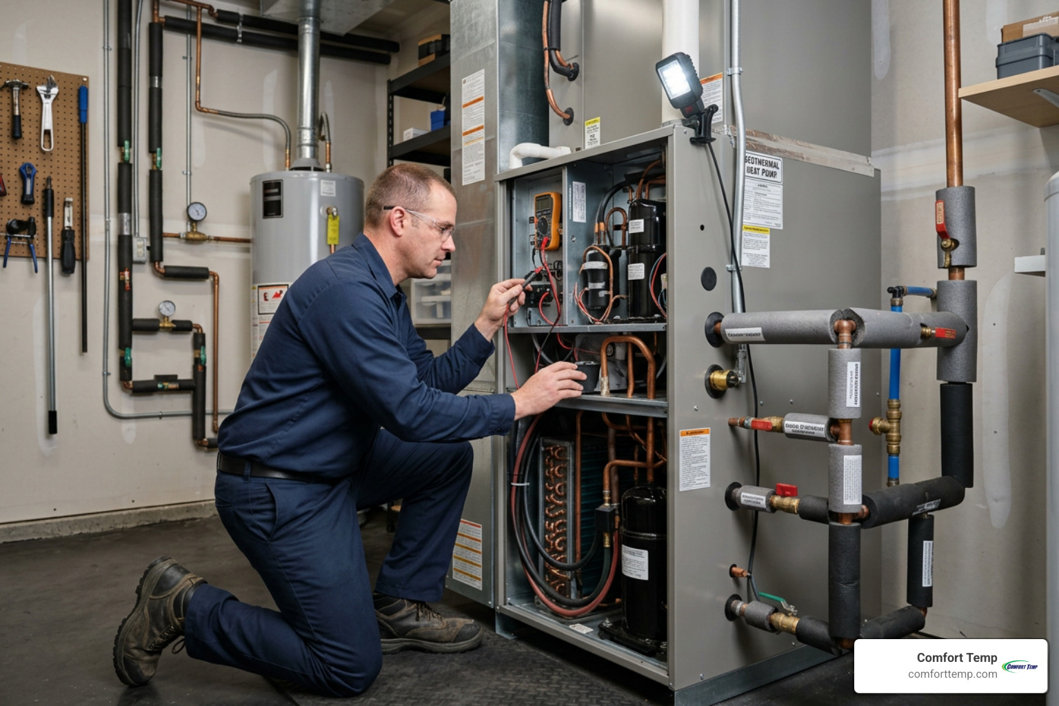HVAC technician in a blue uniform inspecting a geothermal heat pump cabinet - geothermal heating and cooling HVAC technician in a blue uniform inspecting a geothermal heat pump cabinet - geothermal heating and cooling