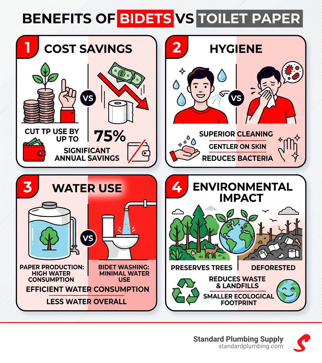 Benefits of bidets vs toilet paper: cost savings, hygiene, water use, and environmental impact - adding bidet to toilet