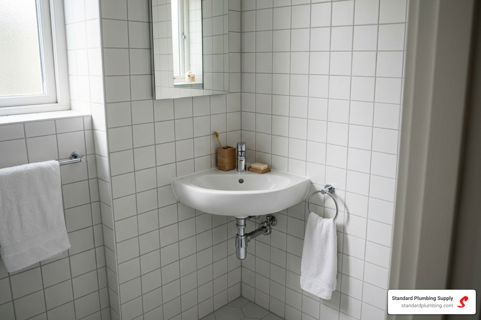 a white wall-mounted corner sink in a small bathroom - bathroom sinks for small bathrooms