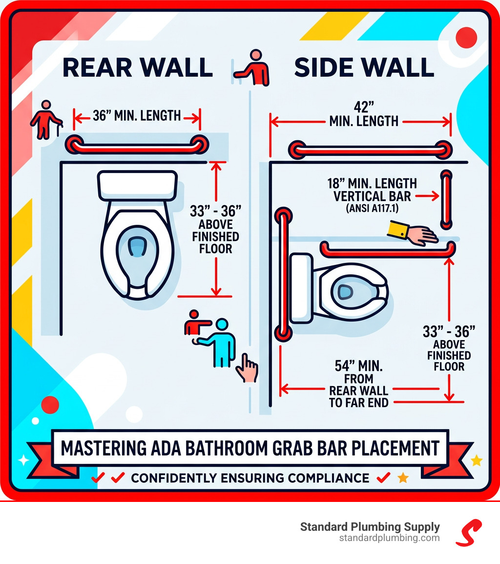 Infographic showing ADA grab bar placement dimensions for rear wall and side wall in a commercial restroom - ada bathroom