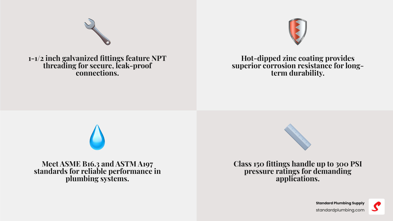 Infographic showing types and key specs of 1-1/2 inch galvanized pipe fittings including pressure ratings, standards, and