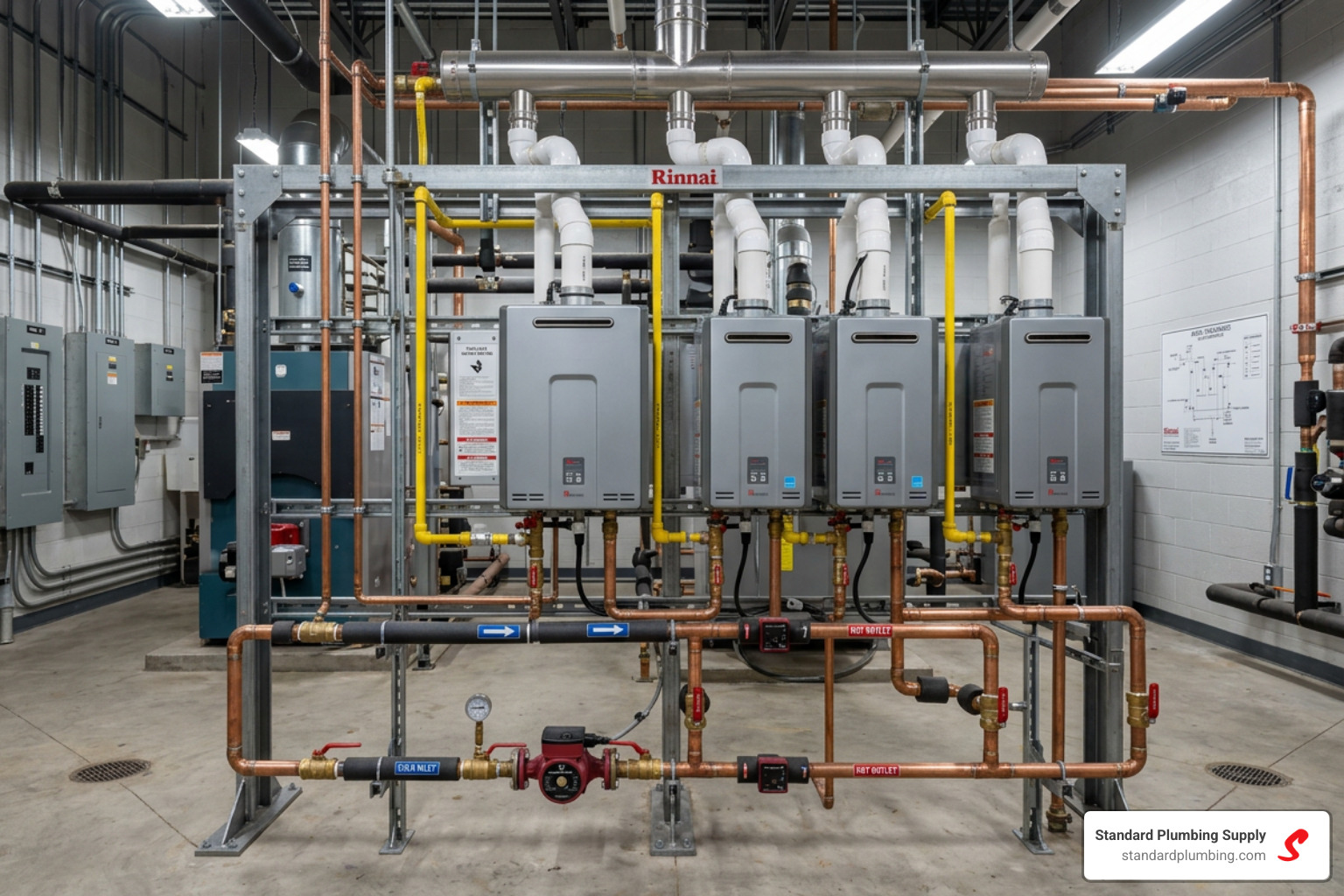 A pre-assembled rack system featuring multiple tankless units linked together - best commercial tankless water heater