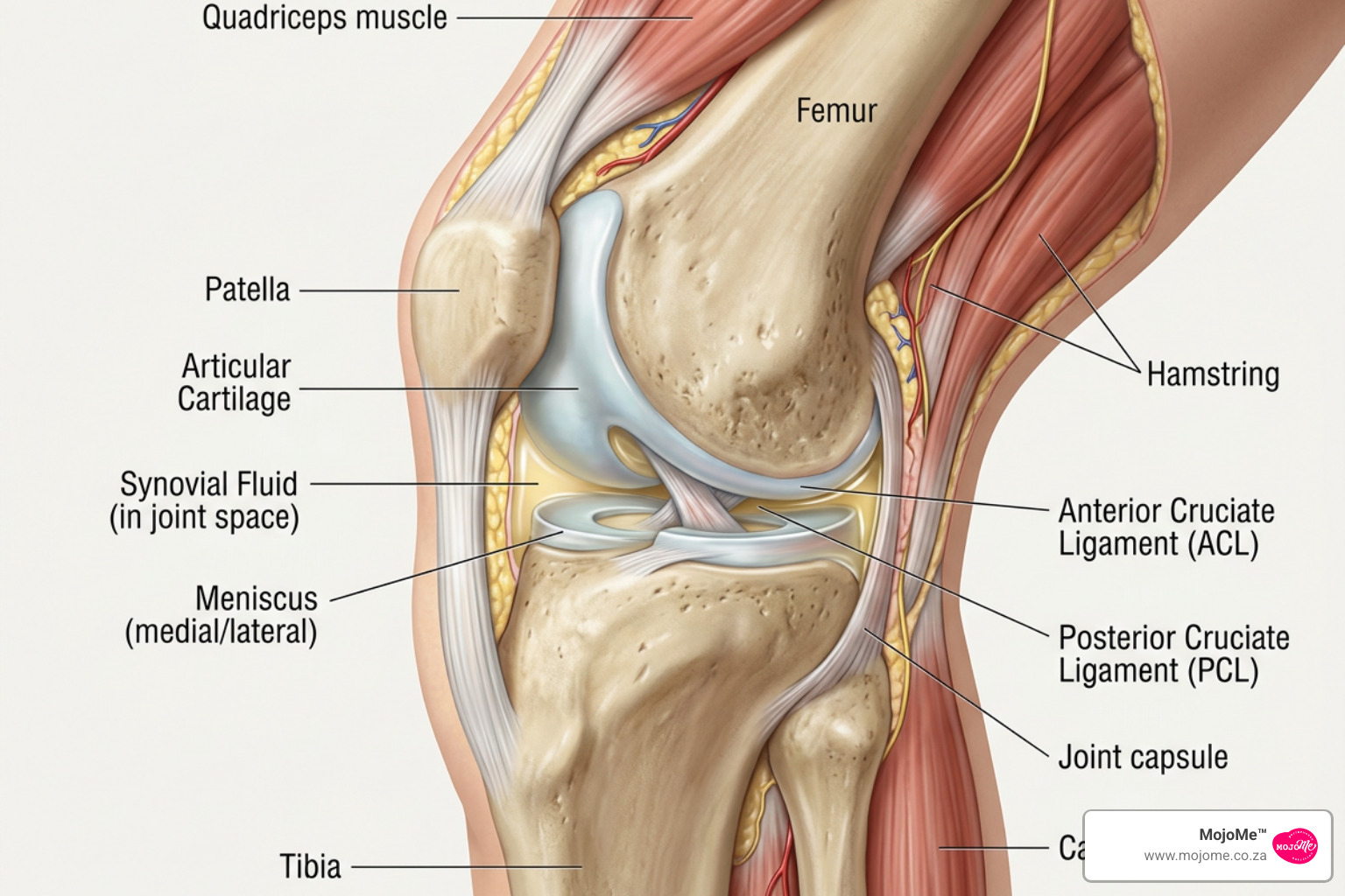 Anatomy of a healthy knee joint showing the protective cartilage layer and synovial fluid - collagen type 2 capsules