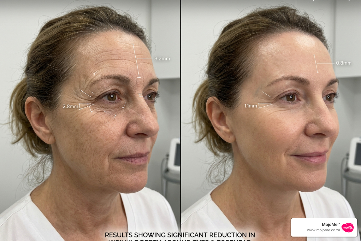 Before and after clinical results showing wrinkle depth reduction - collagen powder wrinkle reduction Before and after clinical results showing wrinkle depth reduction - collagen powder wrinkle reduction