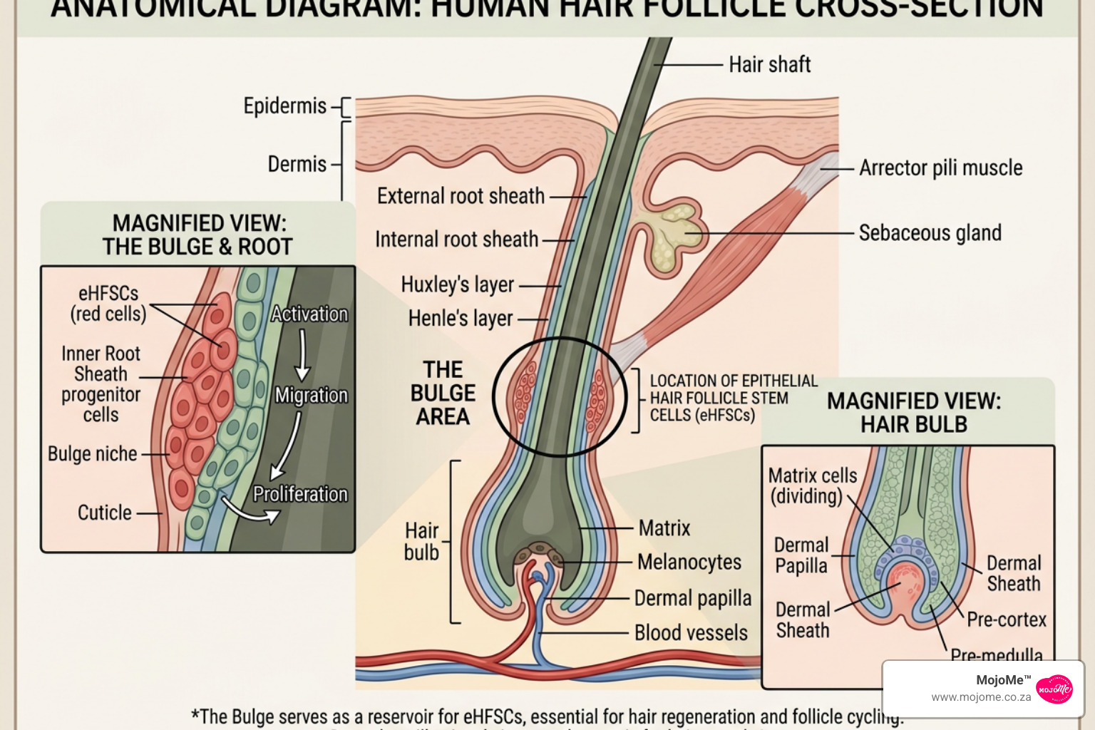 Anatomy of a human hair follicle showing the bulge area and stem cell locations - bovine collagen hair benefits