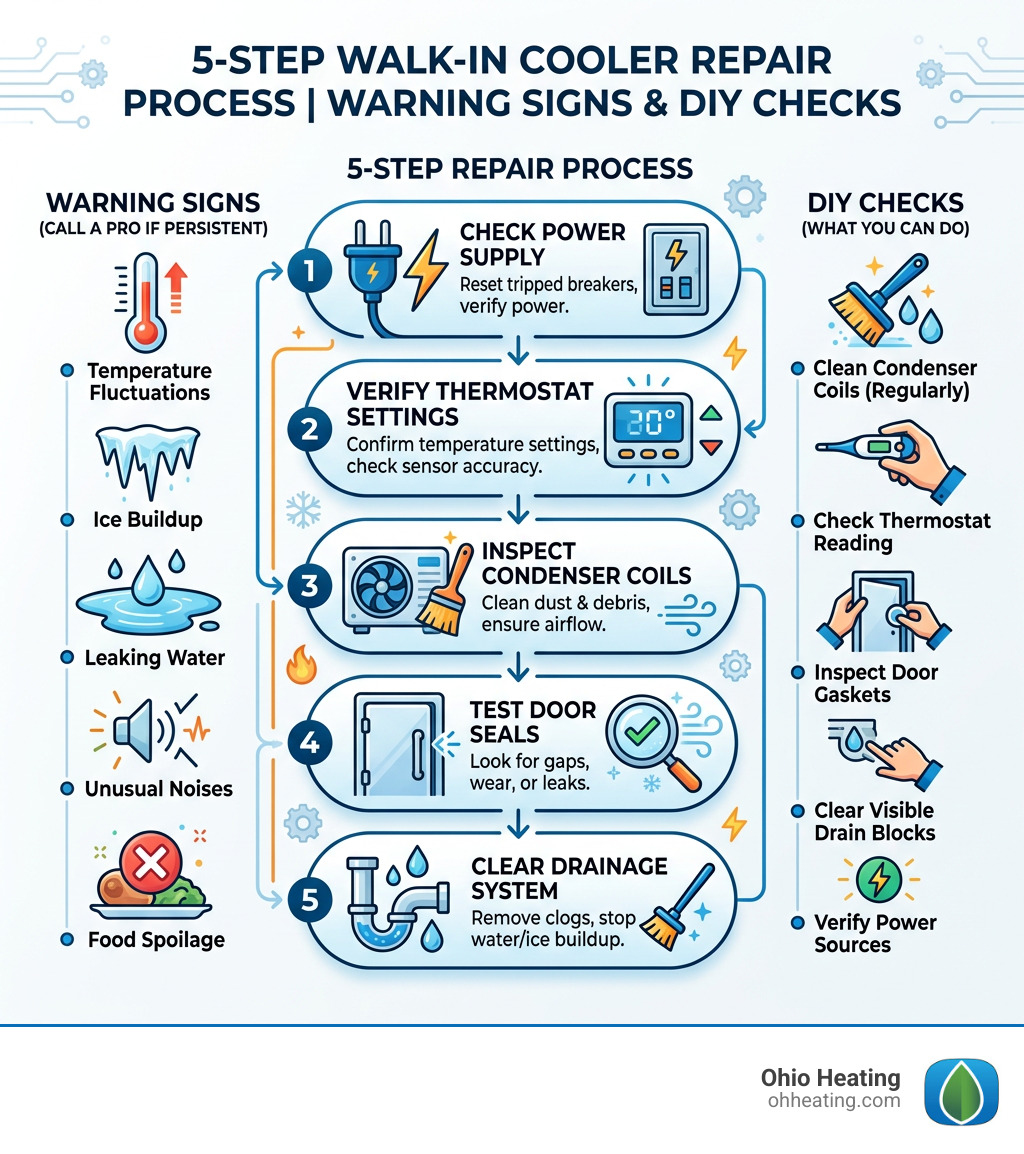 5-step walk-in cooler repair process infographic with warning signs and DIY checks - walk-in cooler repair infographic 