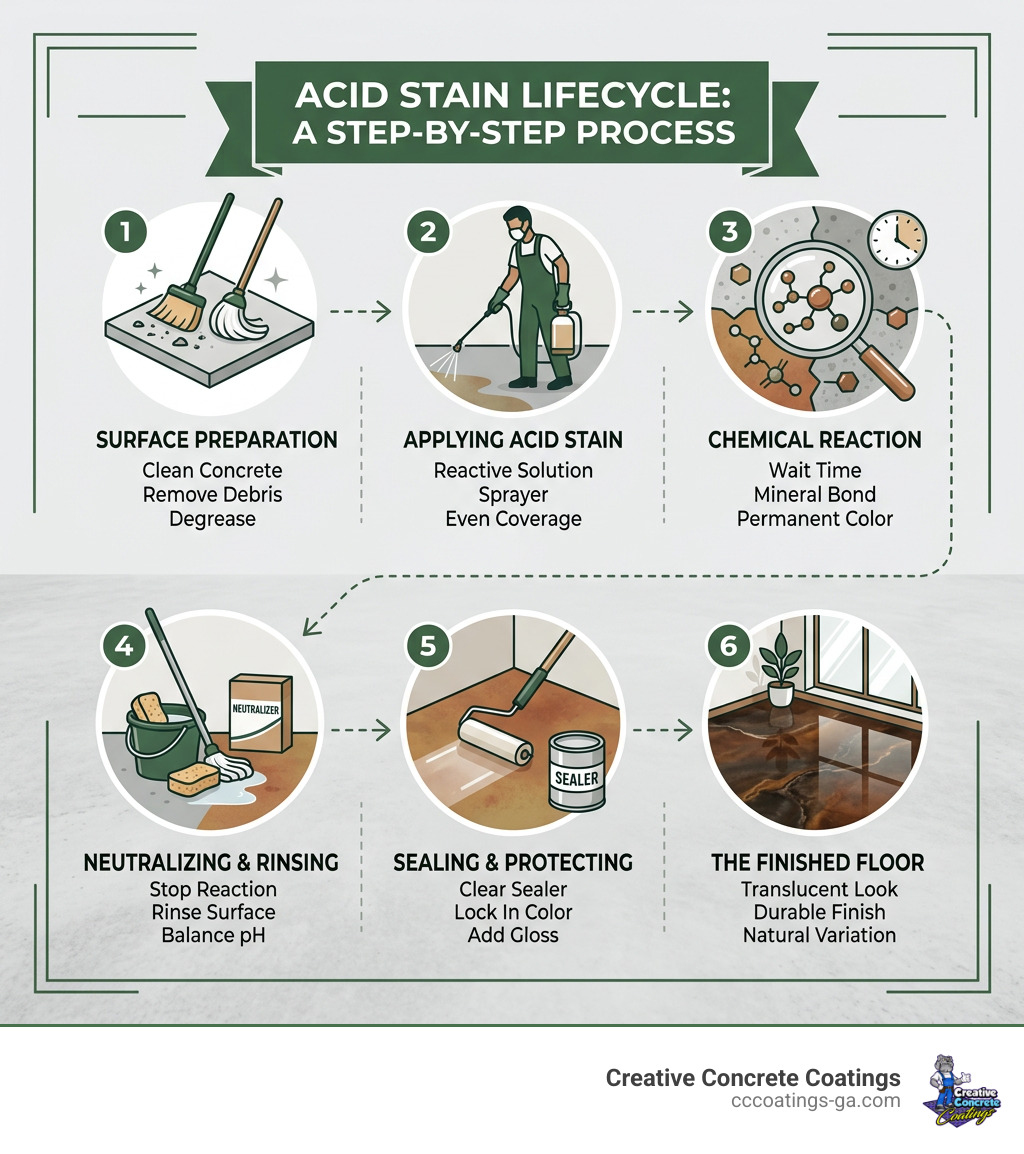 Acid stain lifecycle: prep, application, reaction, neutralization, sealing, and finished floor - acid based concrete stain Acid stain lifecycle: prep, application, reaction, neutralization, sealing, and finished floor - acid based concrete stain