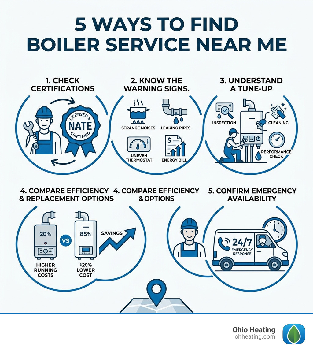 5 ways to find boiler service near me: check certifications, know the warning signs, understand what a tune-up includes