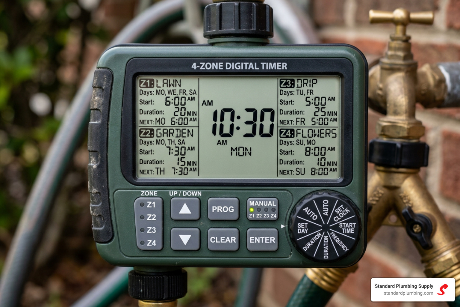 Close-up of a 4-zone digital timer display showing independent zone settings - 4 valve water timer