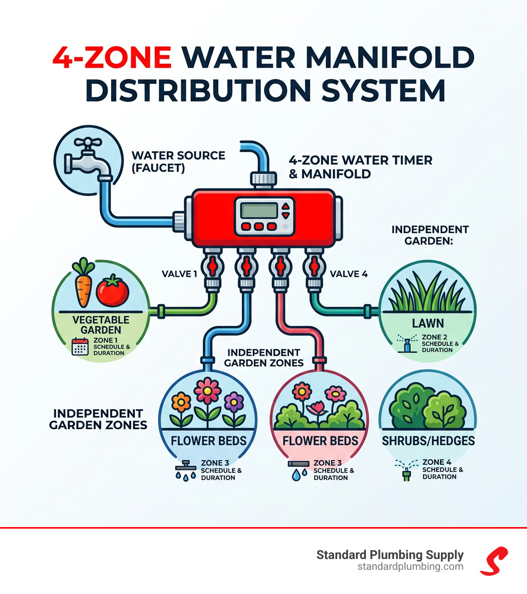 Infographic showing how a 4-zone manifold distributes water to independent garden zones - 4 valve water timer infographic 