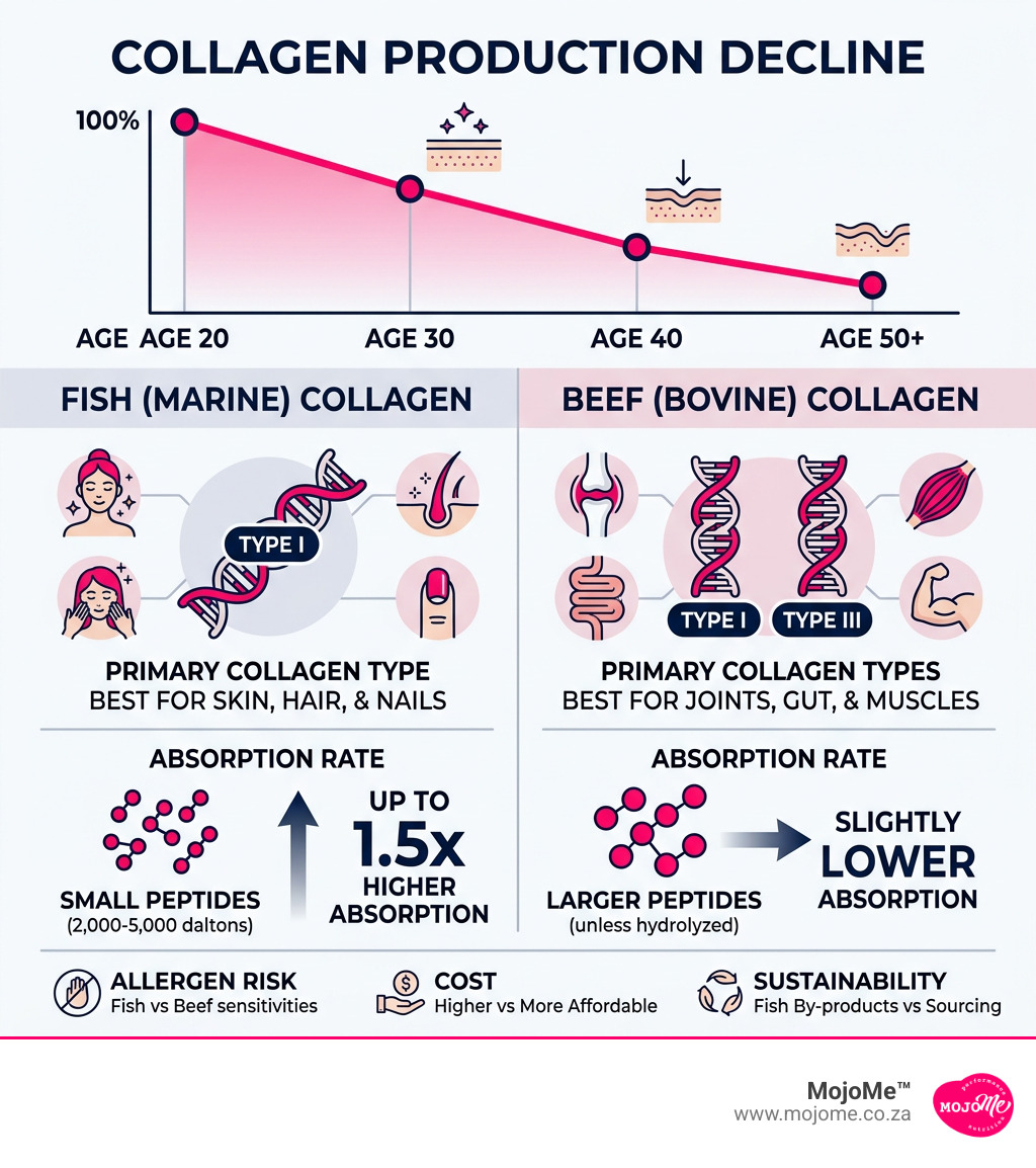Infographic showing collagen production decline from age 20 and comparison of fish vs beef collagen types and absorption