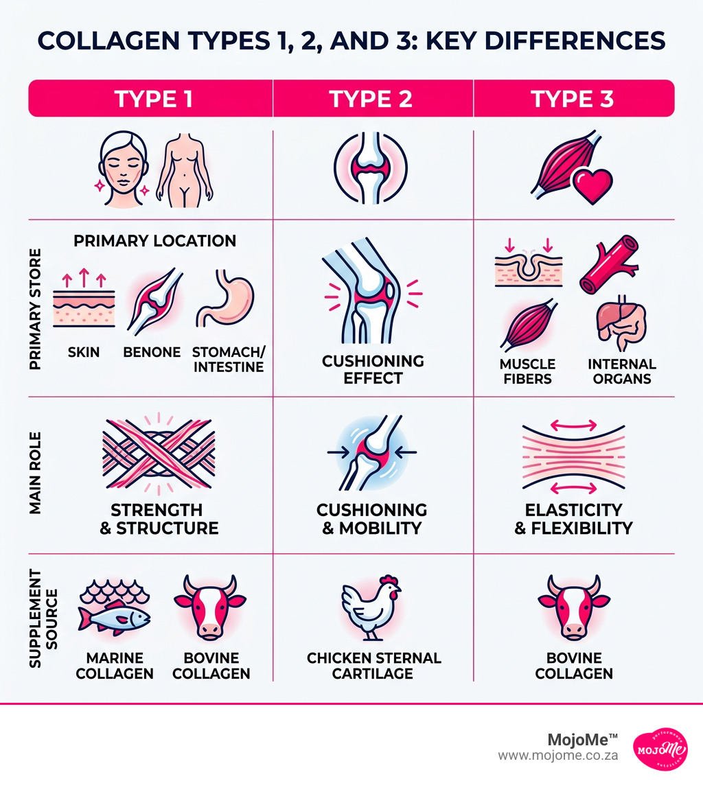 Infographic comparing collagen types 1, 2 and 3 by location, function and supplement source - collagen type 1 2 3 difference