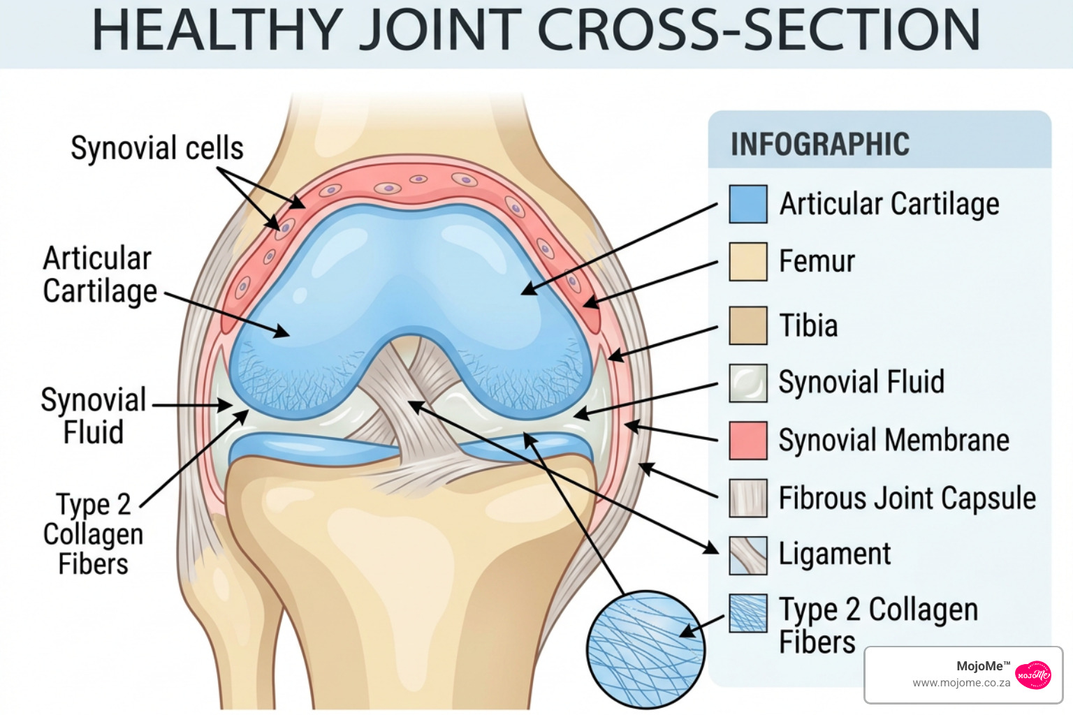 Diagram of a healthy joint showing the blue cartilage layer rich in type 2 collagen cushioning the bones - collagen type 1 2