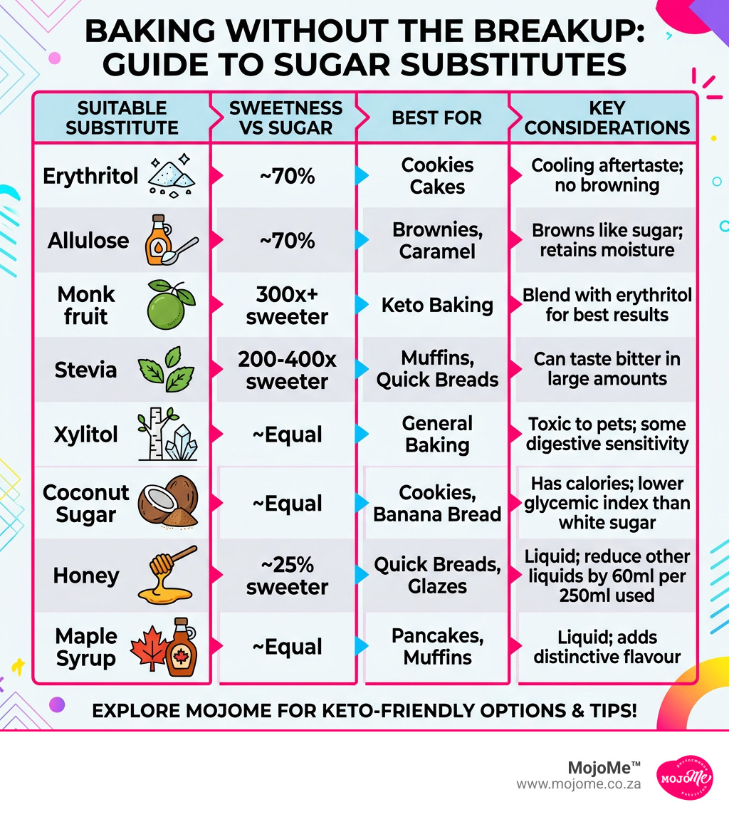 Sugar substitutes vs regular sugar comparison infographic for baking - best sugar substitute baking infographic 