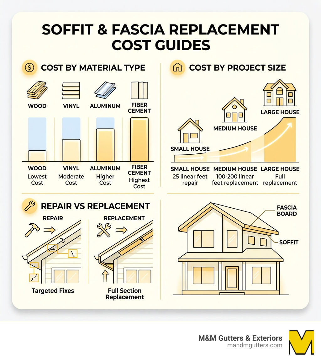 infographic showing soffit fascia replacement cost ranges by material type, project size, and repair vs replacement - soffit