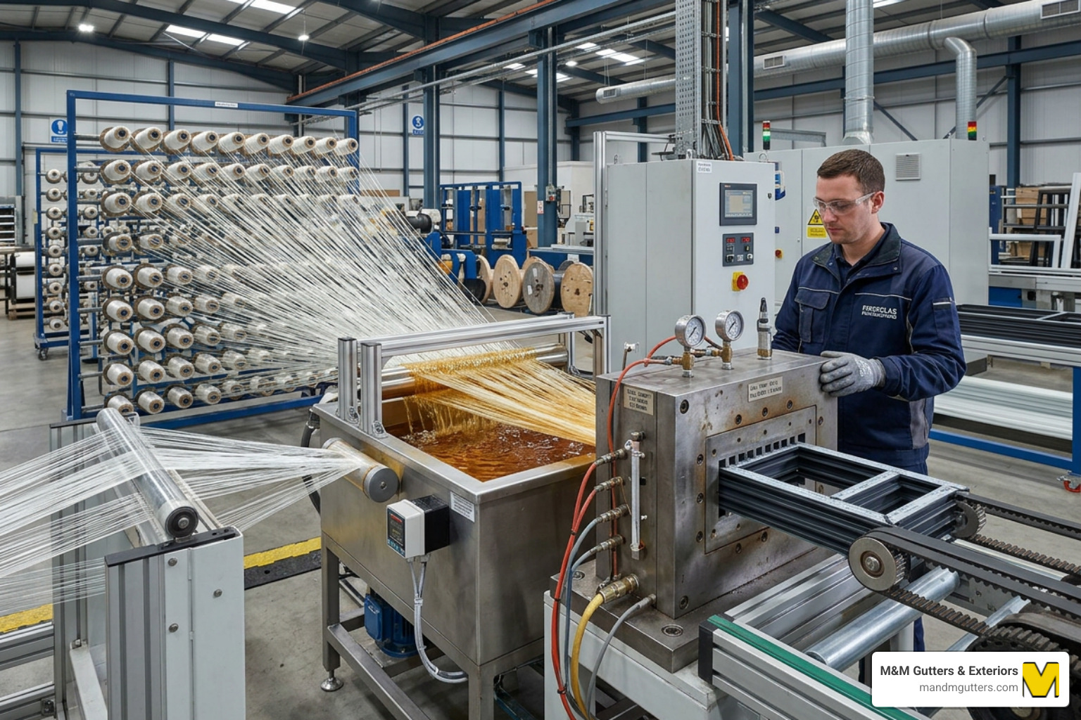 The pultrusion manufacturing process showing glass fibers being pulled through resin and a heated die - fiberglass windows