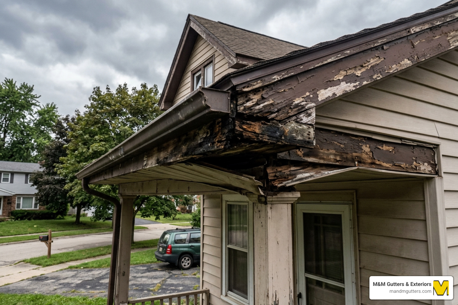 Home with damaged roof eaves showing rotting wood and peeling paint - soffit fascia replacement cost