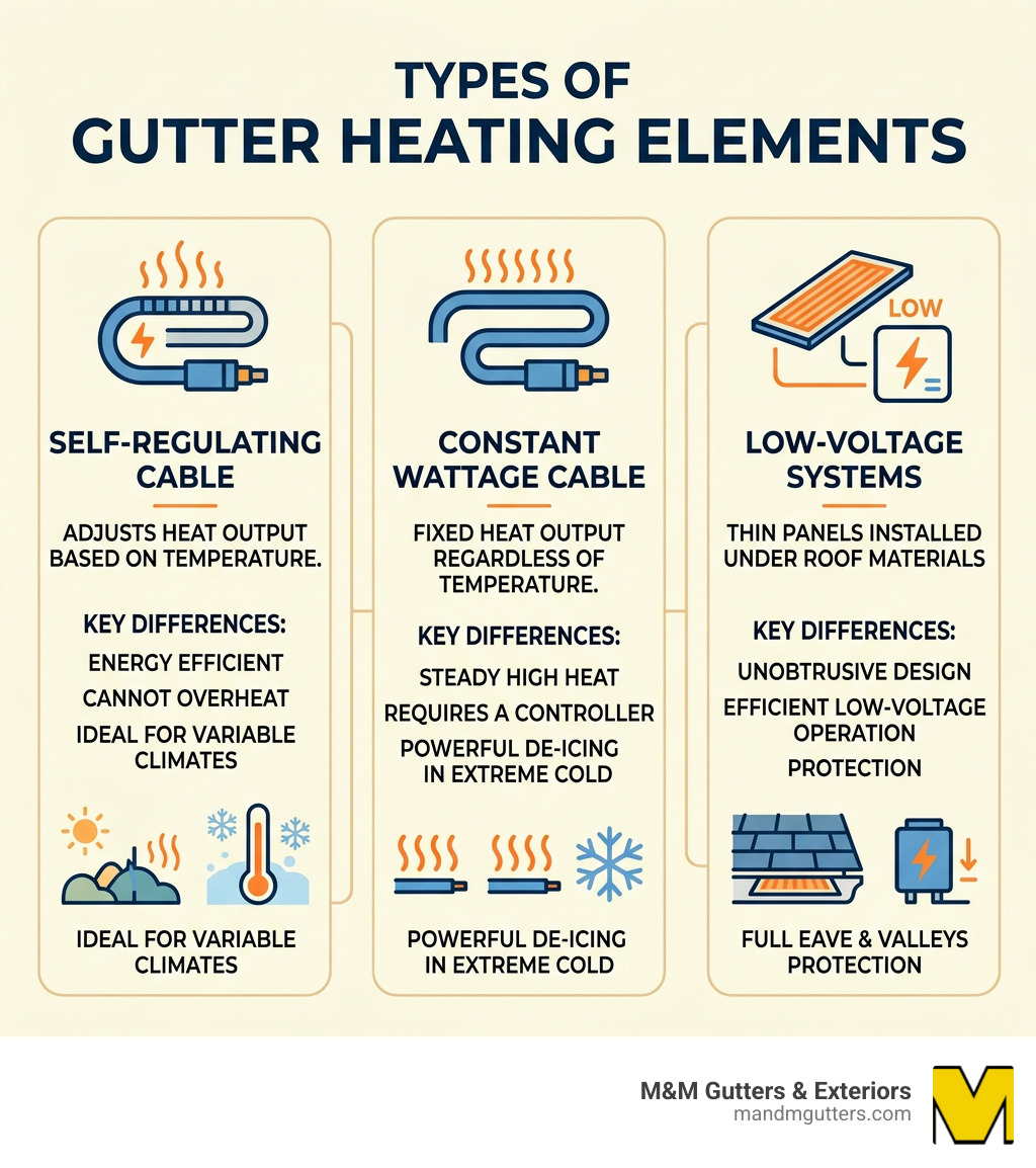 infographic showing types of gutter heating elements self-regulating constant wattage low-voltage and their key differences infographic showing types of gutter heating elements self-regulating constant wattage low-voltage and their key differences