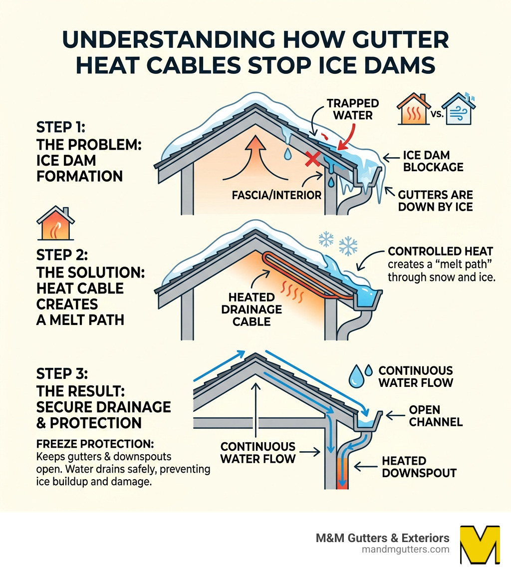 snowmelt process infographic showing how heat cables create drainage paths through ice dams - Gutter heating elements snowmelt process infographic showing how heat cables create drainage paths through ice dams - Gutter heating elements