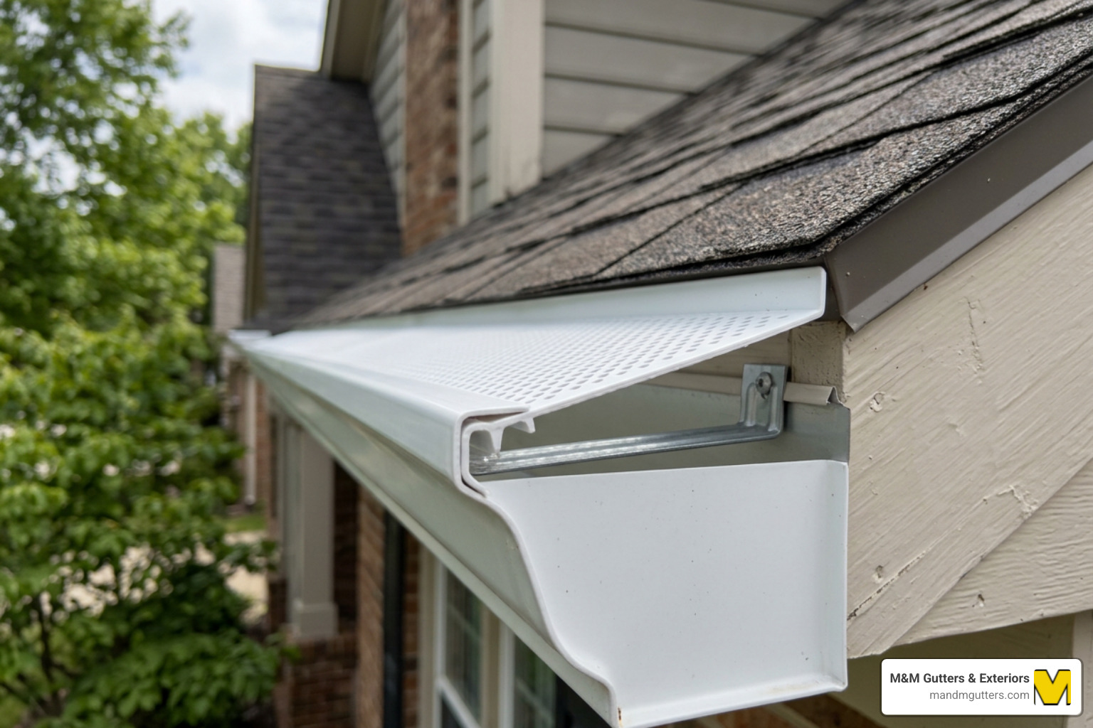 Close-up of a K-style gutter with a vinyl snap-in guard installed - snap-in gutter guards home depot