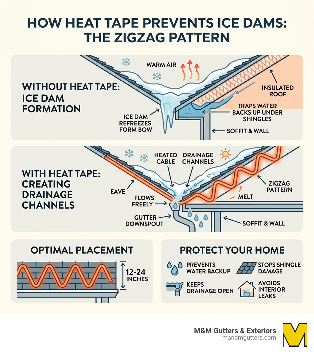 Infographic showing how heat tape zigzag pattern creates drainage channels to prevent ice dams - heat tape for roofs Infographic showing how heat tape zigzag pattern creates drainage channels to prevent ice dams - heat tape for roofs