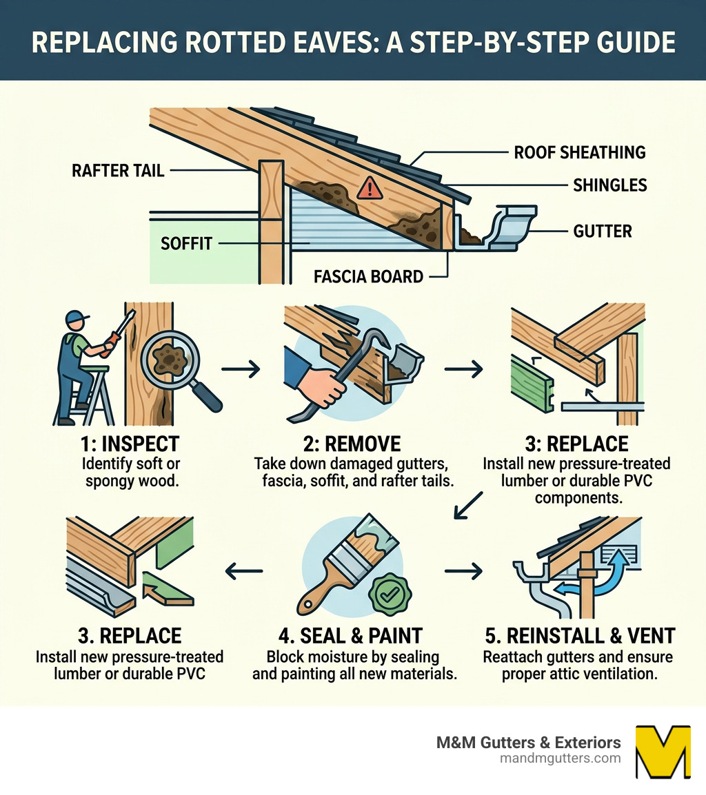 Infographic showing the steps and components involved in replacing rotted eaves - replacing rotted eaves infographic Infographic showing the steps and components involved in replacing rotted eaves - replacing rotted eaves infographic