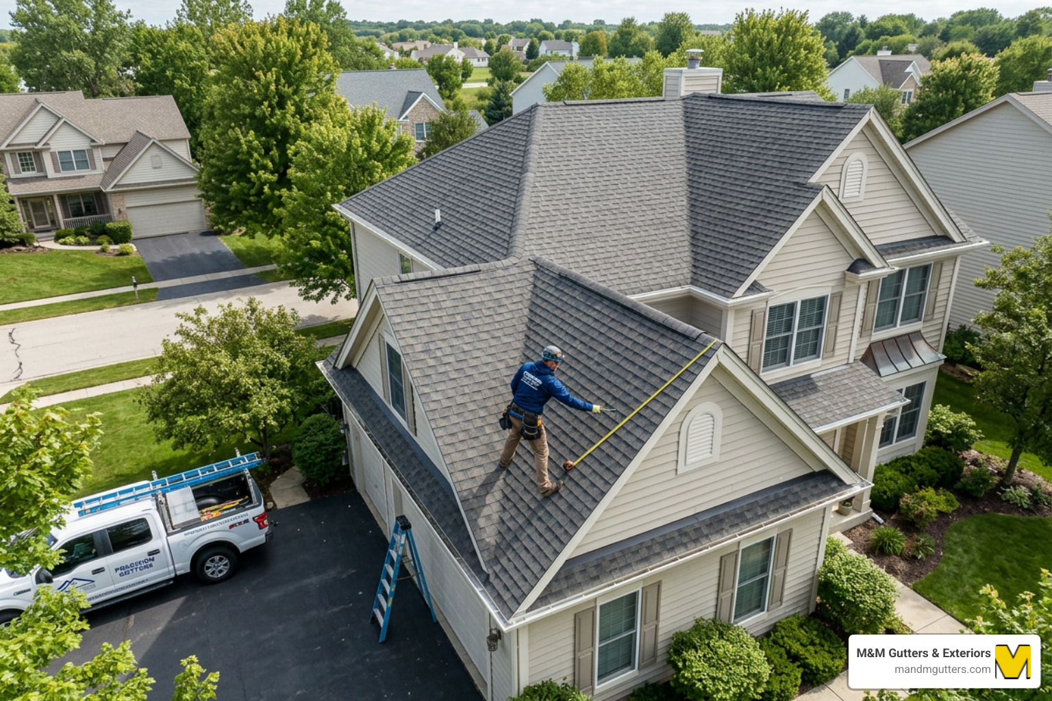 Contractor measuring a complex roofline for an accurate gutter estimate - average cost to install rain gutters