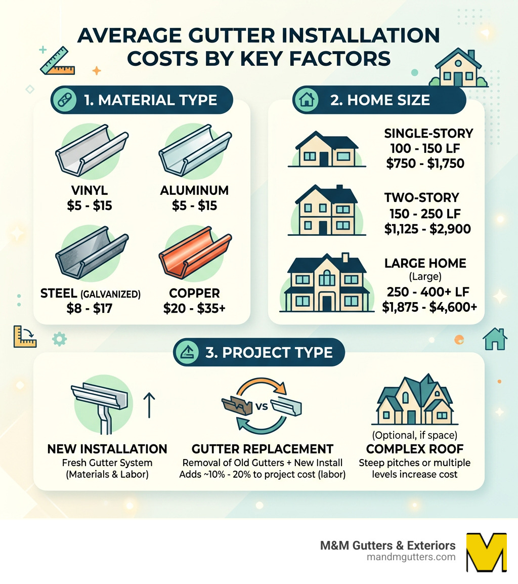 Infographic showing average gutter installation costs by material, home size, and project type - average cost to install