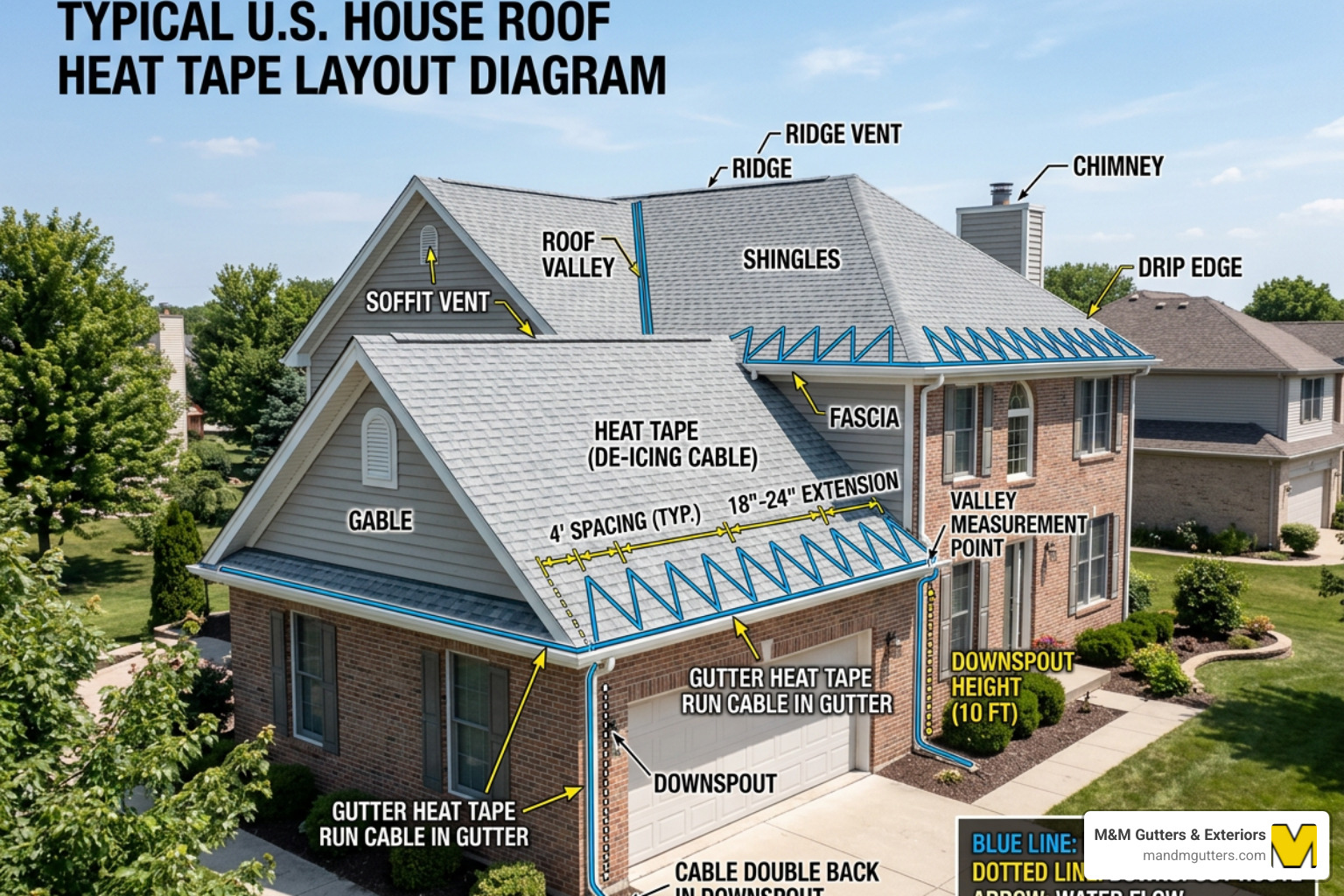 Roof diagram showing measurement points for heat tape layout - heat tape for roofs installation Roof diagram showing measurement points for heat tape layout - heat tape for roofs installation