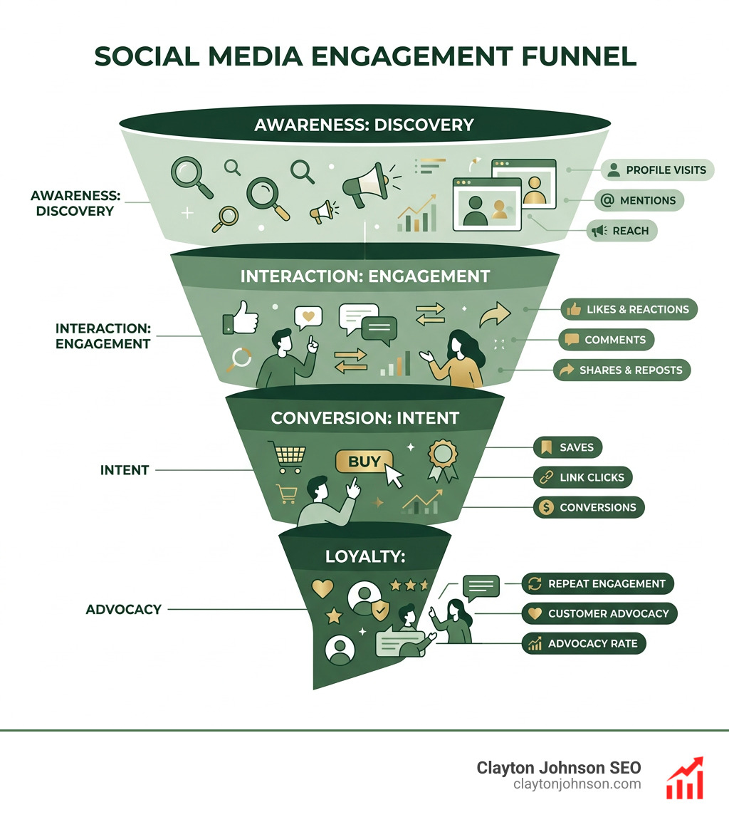 Social media engagement funnel showing awareness, interaction, conversion, and loyalty stages - social media engagement kpis