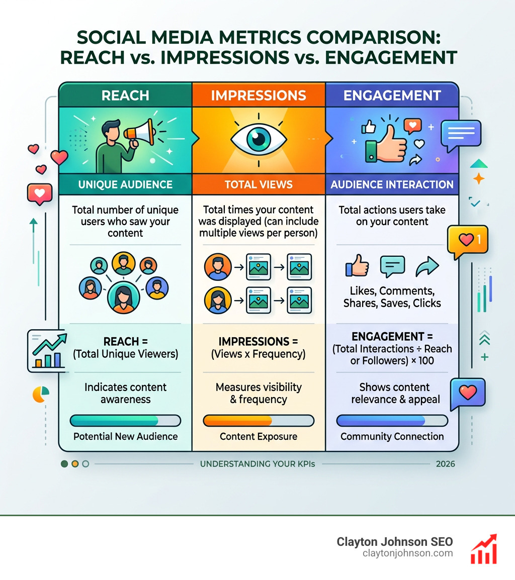 Table comparing reach, impressions, and engagement metrics - social media engagement kpis infographic 